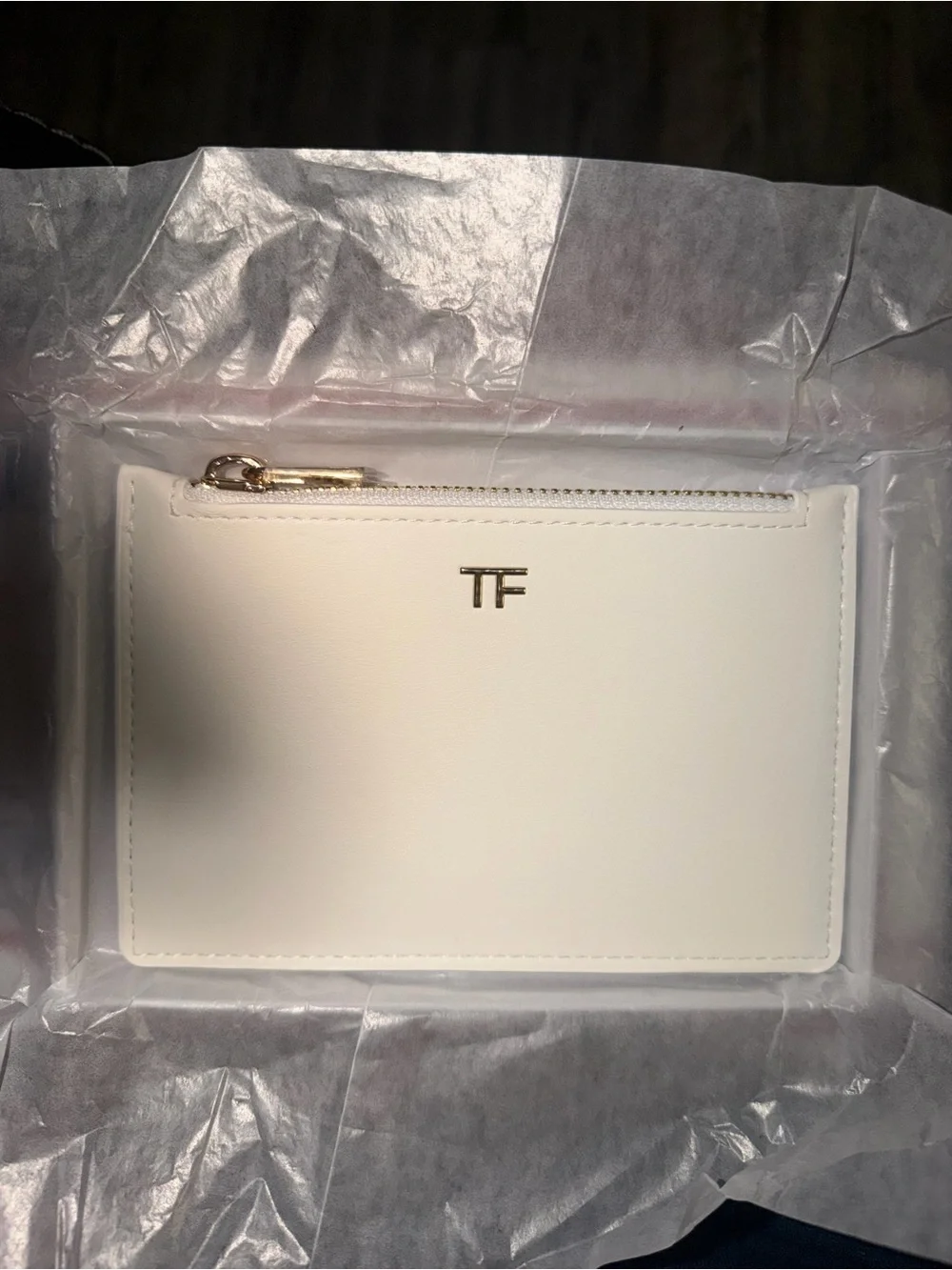 Tom Ford White Leather Zip Card Holder with Gold TF Monogram size 4x6